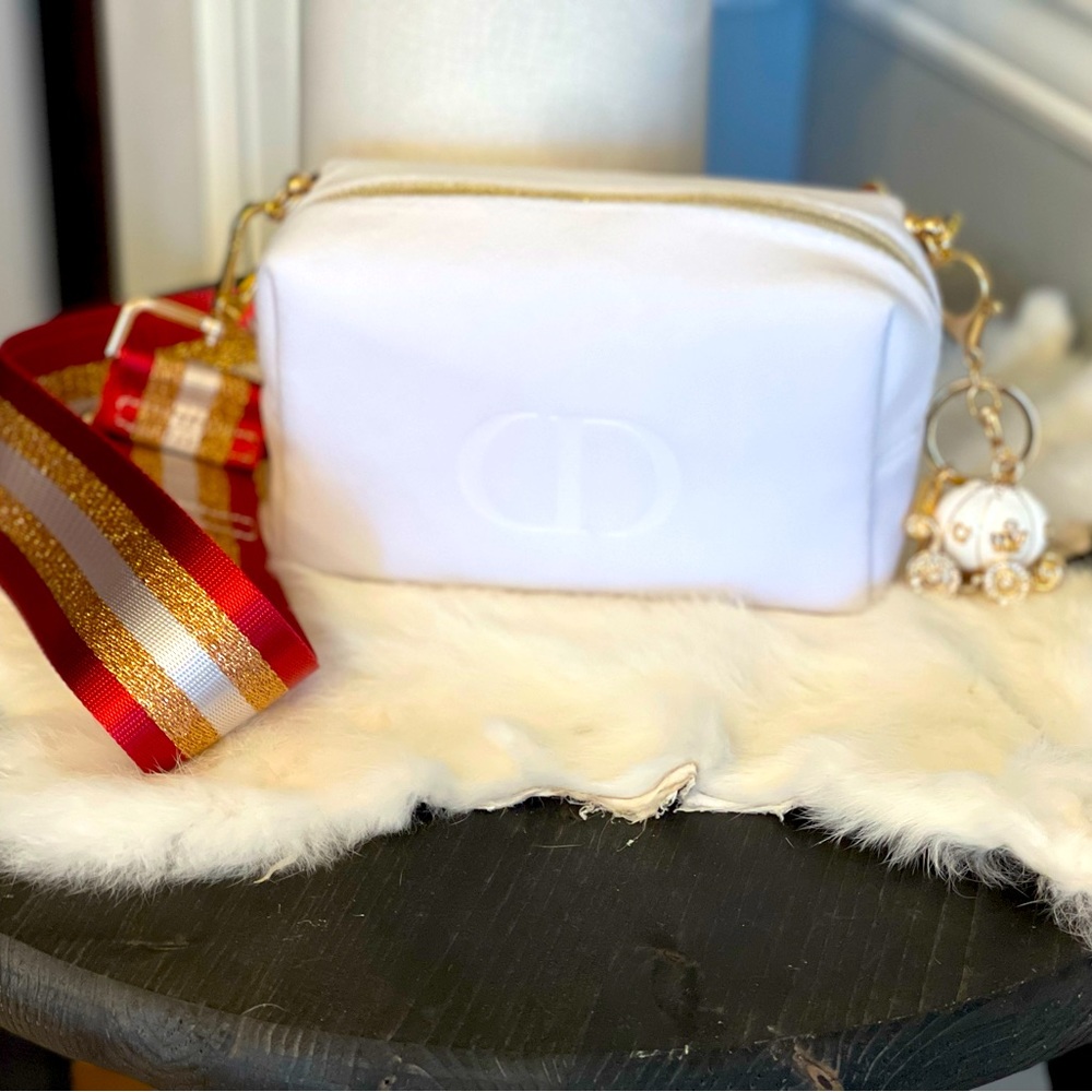 Dior white velvet & gold accent zippered crossbody with wide strap & keychain